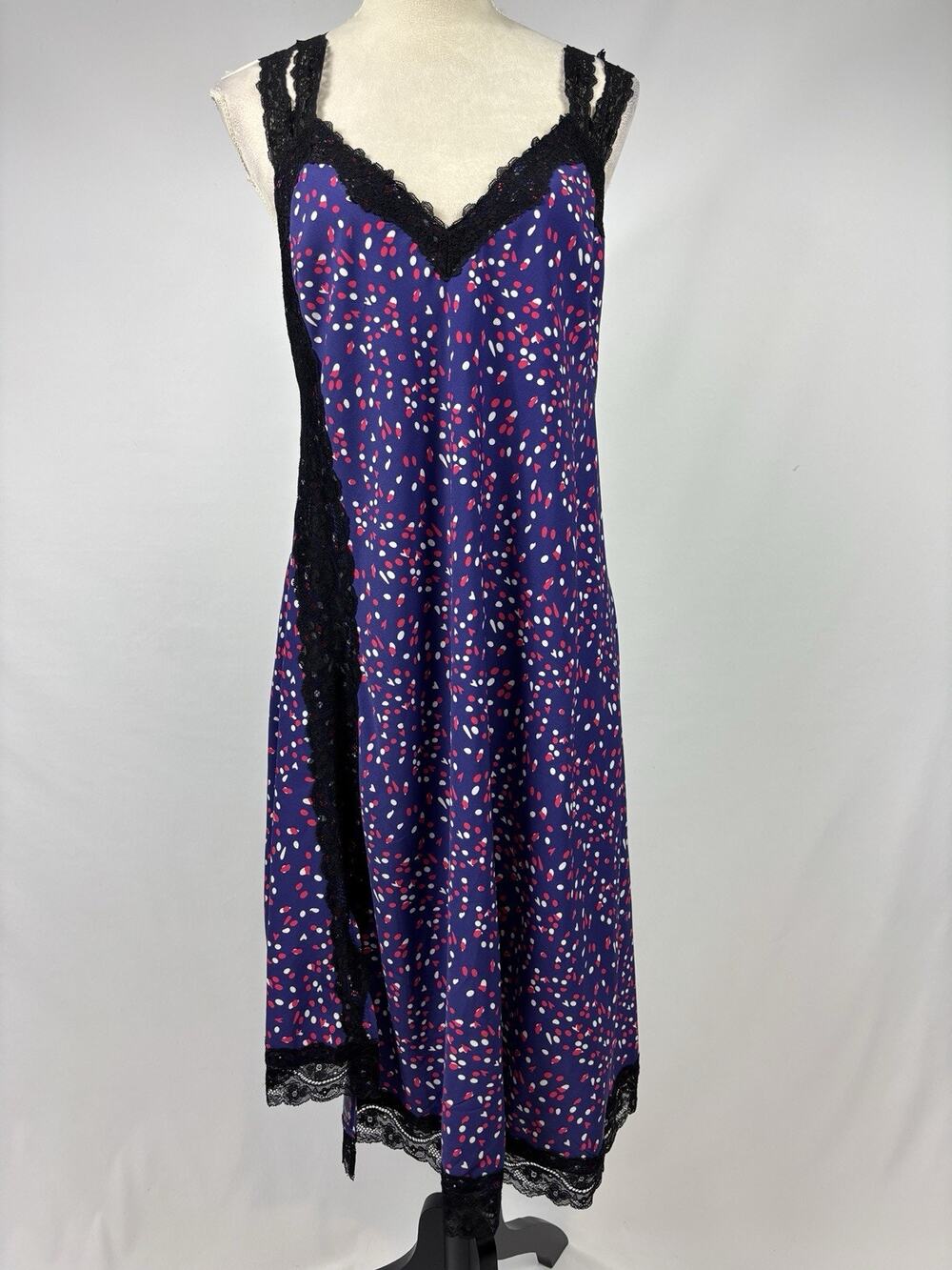 Koche Collective Slip Dress Purple Polka Dot Black Lace Size 40 US 8